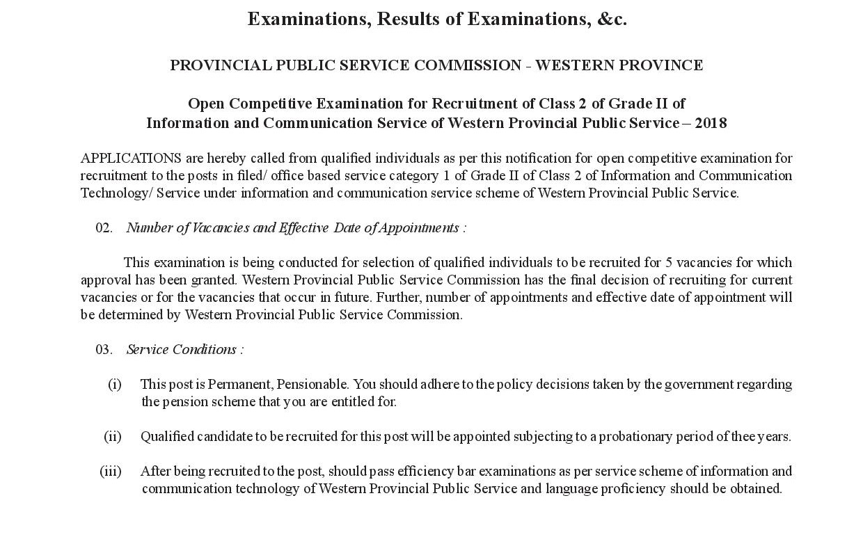 Open Competitive Exam for Recruitment of Class 2 of Grade II of Information and Communication Service - Western Provincial Public Service